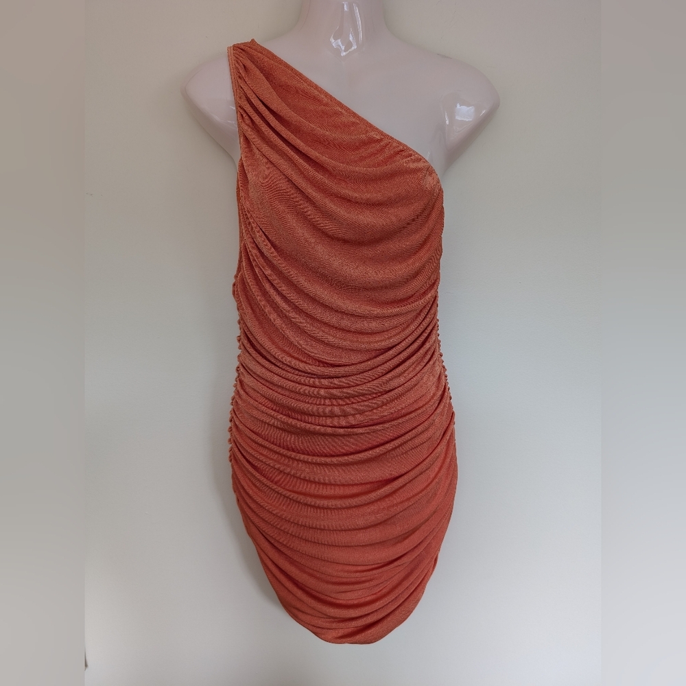 Lioness Goddess One Shoulder Ruched Mini Dress Medium Orange - Picture 6 of 15